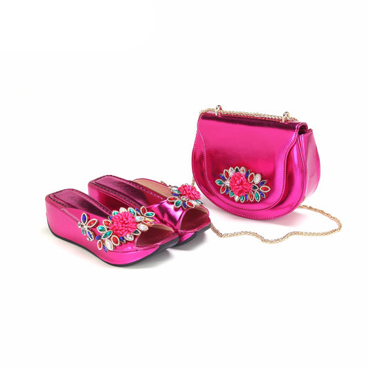 2025 Elegant Fuchsia Floral Peep Toe Slippers & Matching Bag Set for Women's Special Events